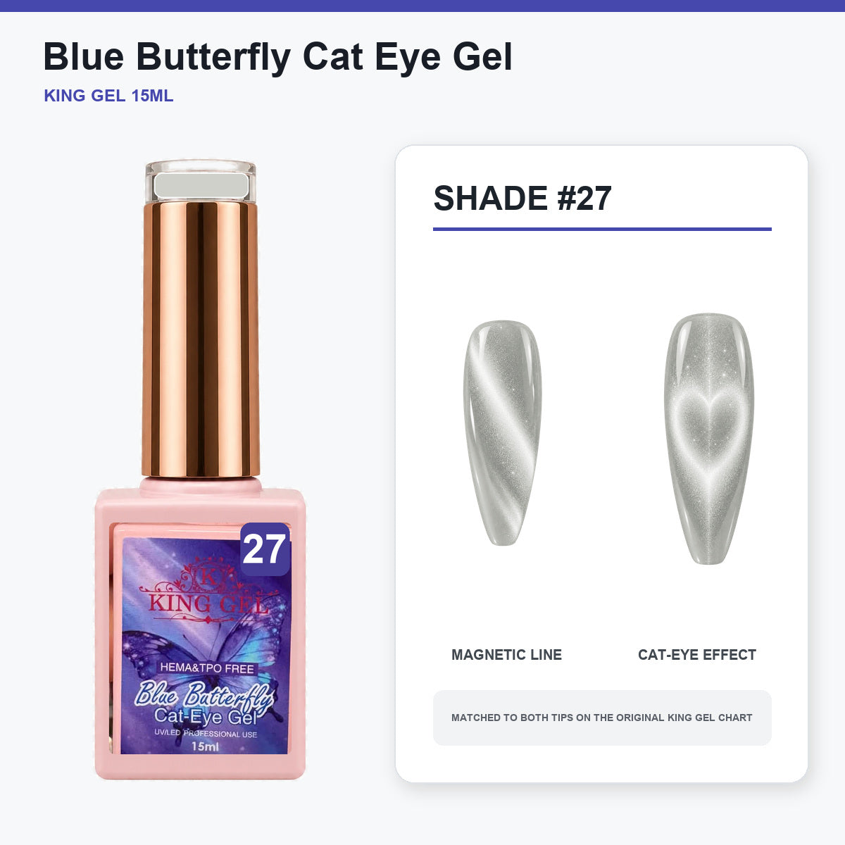 36 Colors Blue Butterfly Cat Eye Gel Collection - KingGel Brand - Shade 27 bottle and chart-matched color - Studio V2
