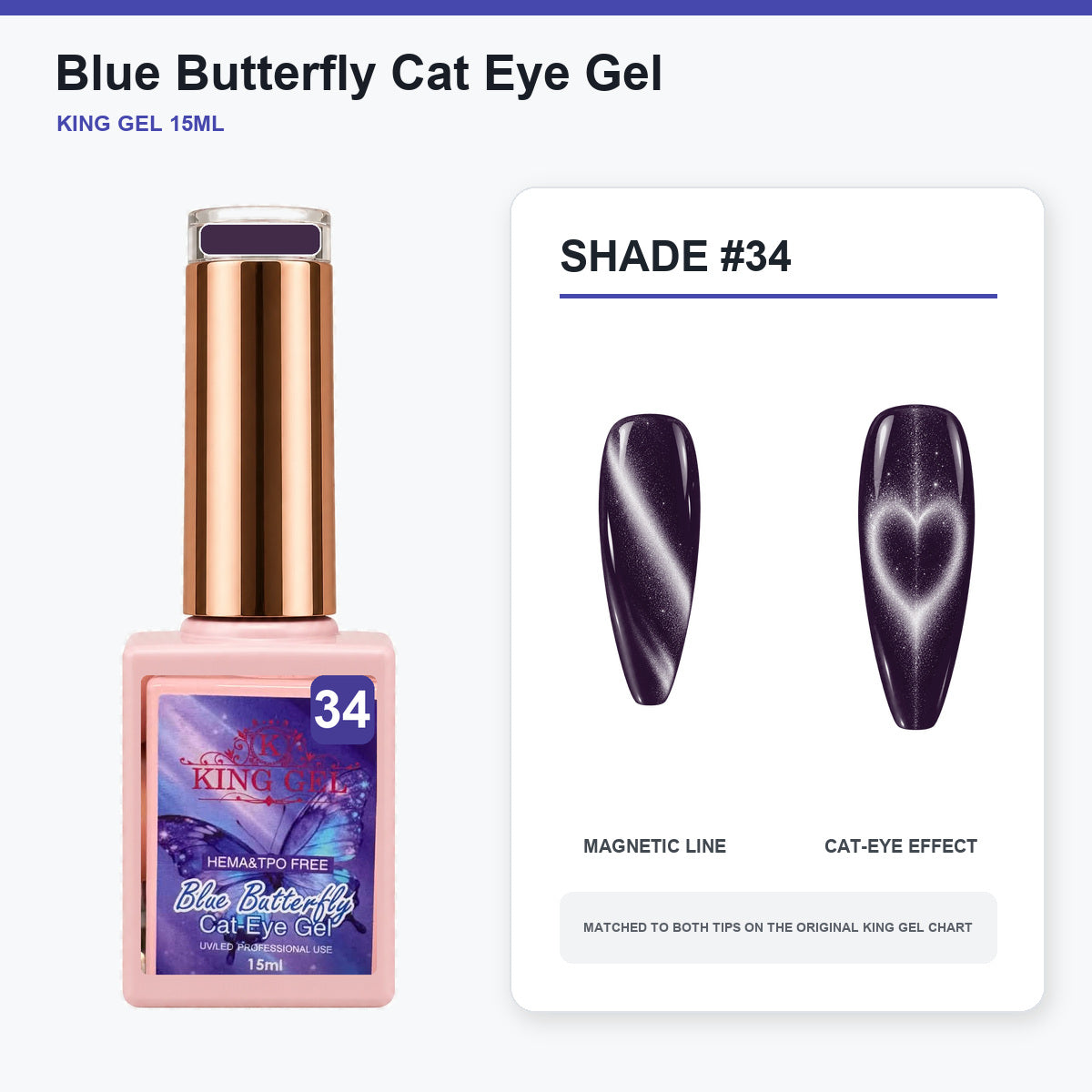 36 Colors Blue Butterfly Cat Eye Gel Collection - KingGel Brand - Shade 34 bottle and chart-matched color - Studio V2