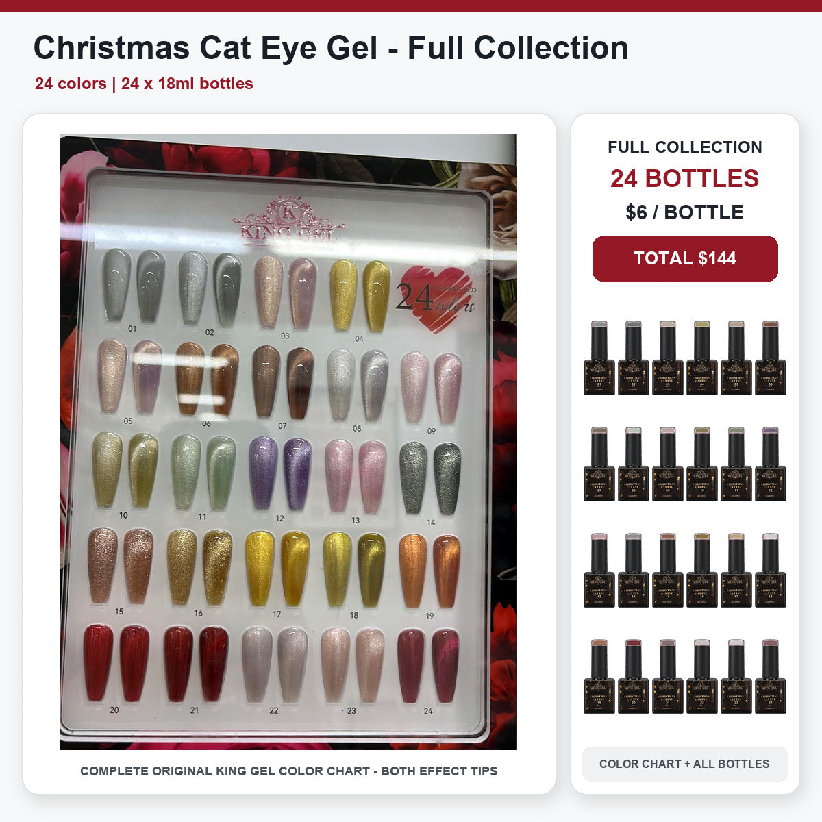 24 Colors Christmas Cat Eye Gel Collection - KingGel Brand - Full Collection color chart and all bottles - Studio V2