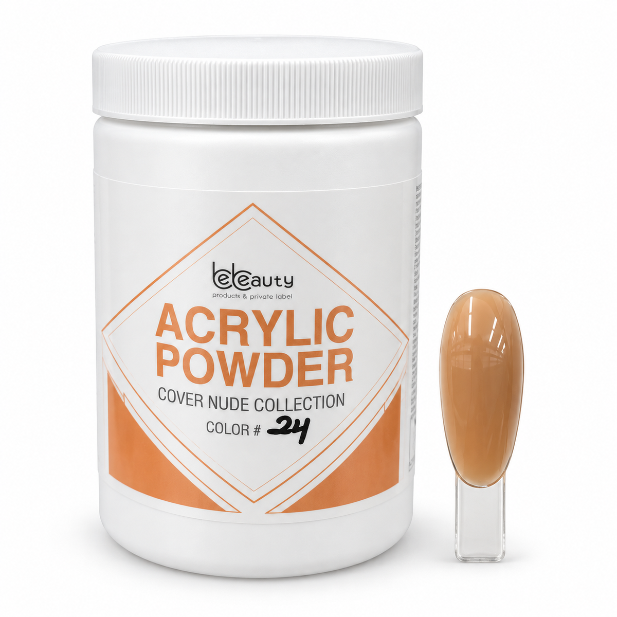 BeBeauty Cover Nude #24 Acrylic Powder 22 oz jar with matching nail swatch