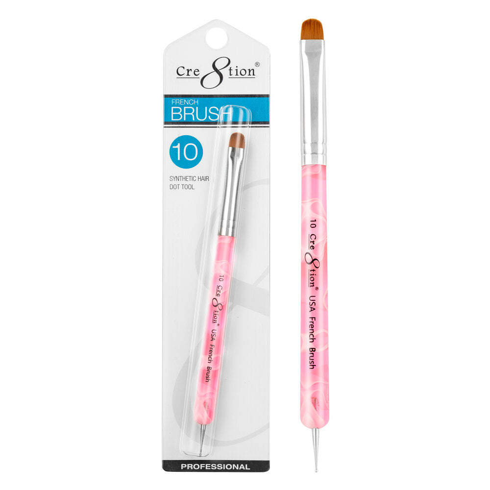 Cre8tion Synthetic Hair French Brush size 10 with pink handle and dot tool, single brush shown packaged and unpackaged