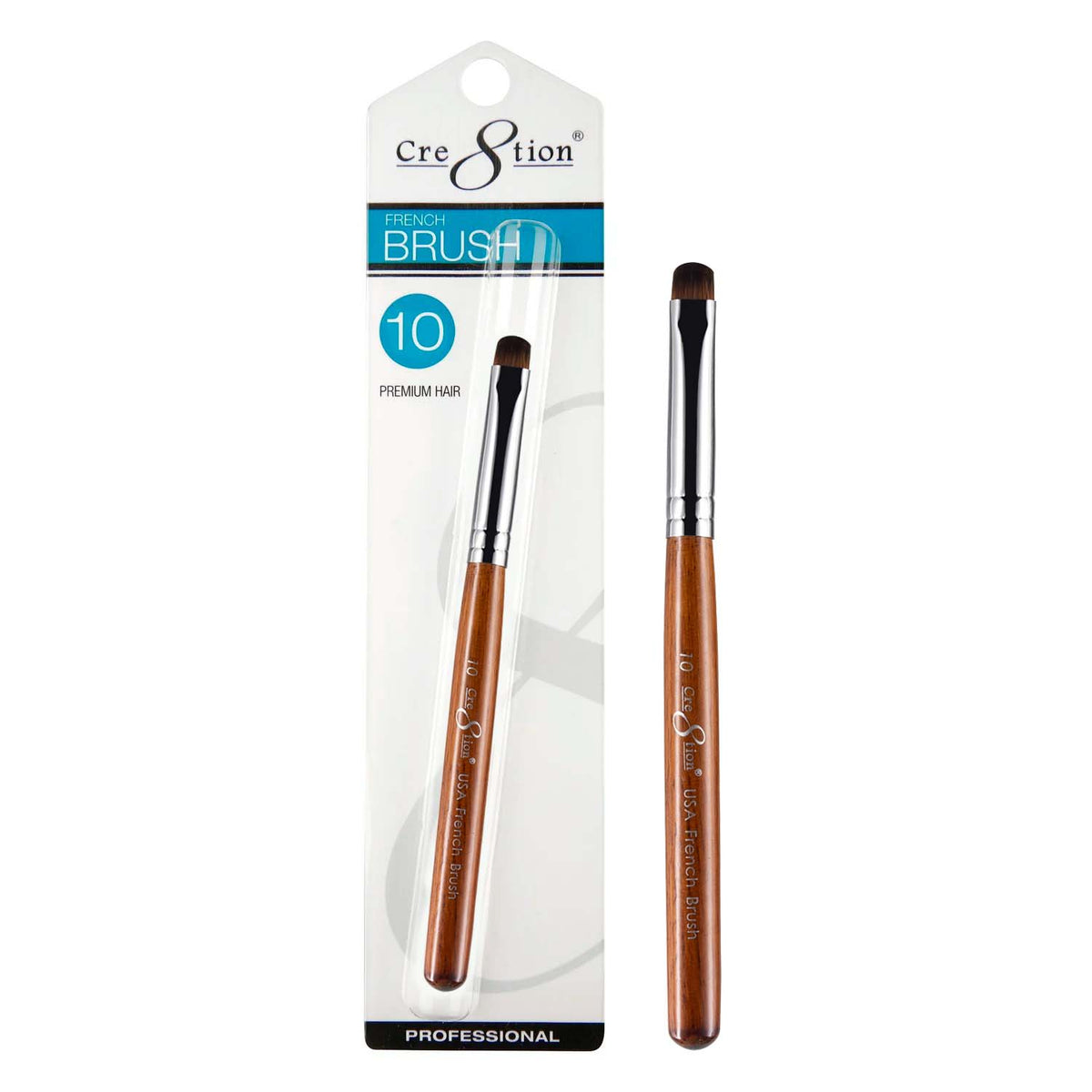 Cre8tion Premium Hair French Brush size 10, single brush shown packaged and unpackaged