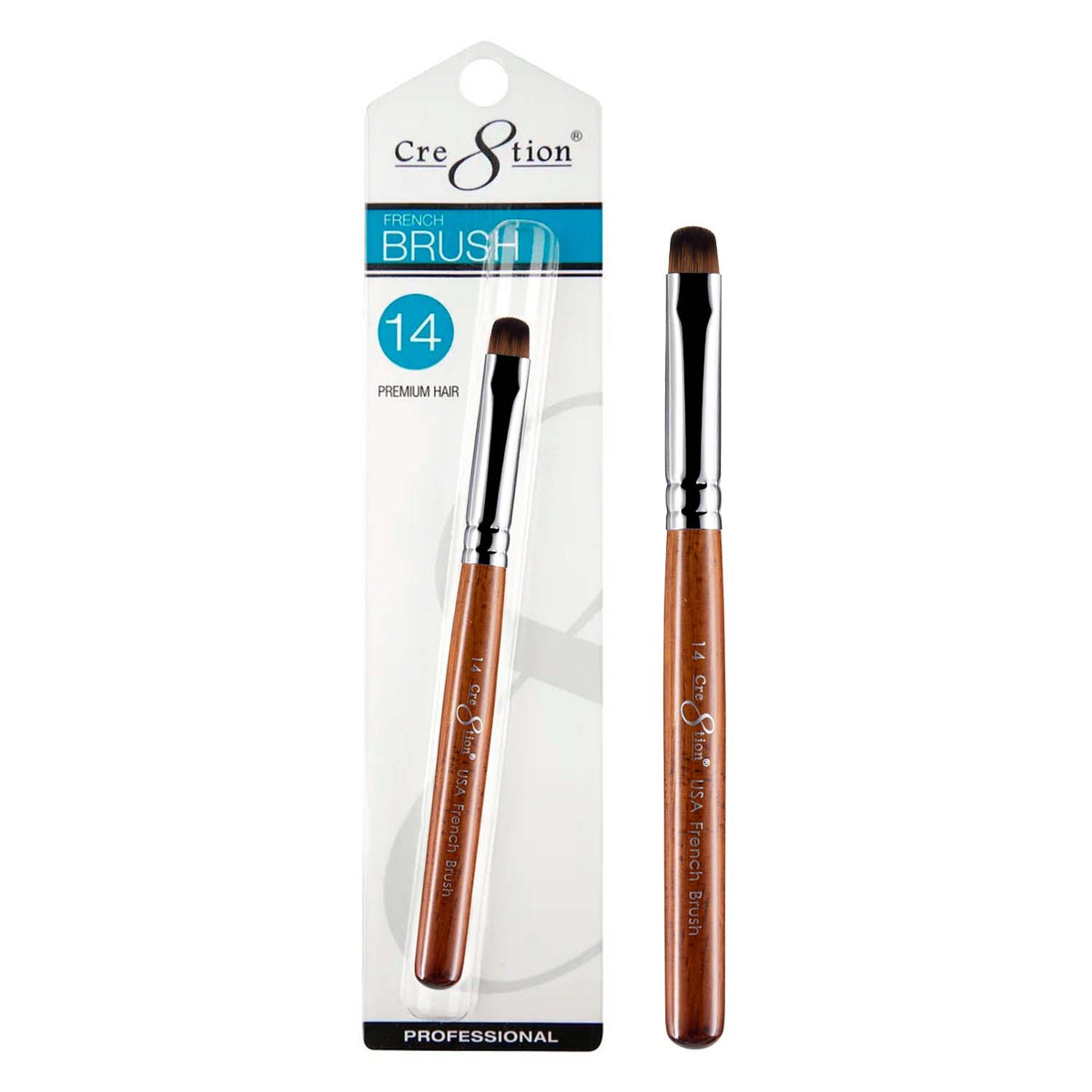 Cre8tion Premium Hair French Brush size 14, single brush shown packaged and unpackaged