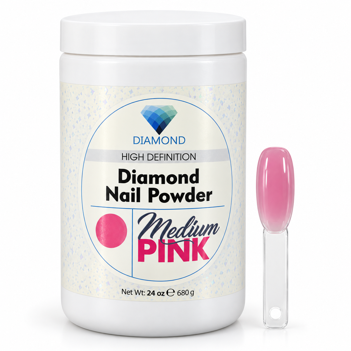 Diamond Medium Pink acrylic nail powder, 24 oz jar with matching nail swatch on a white background.