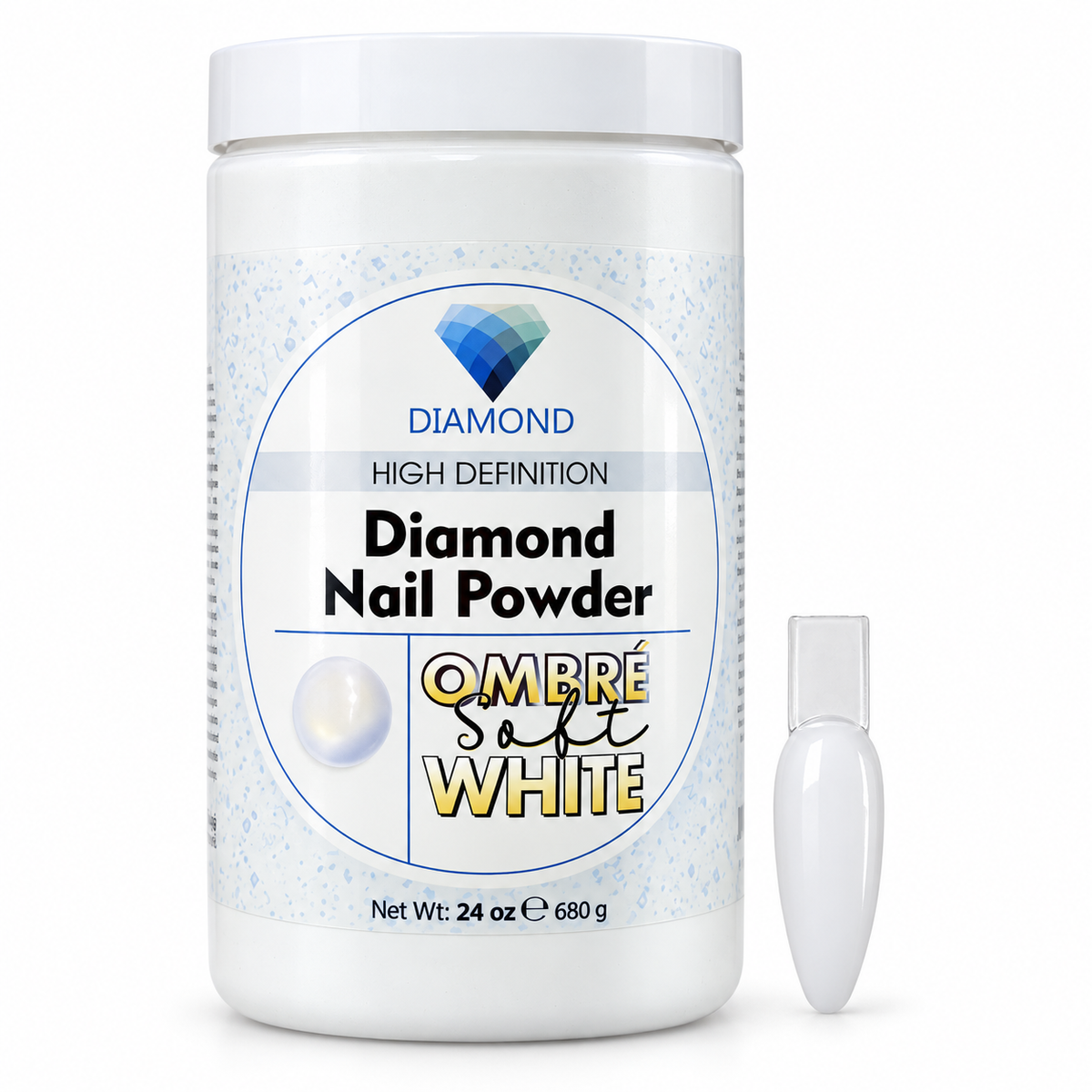 Diamond Ombré Soft White (Off White) acrylic nail powder, 24 oz jar with matching nail swatch on a white background.