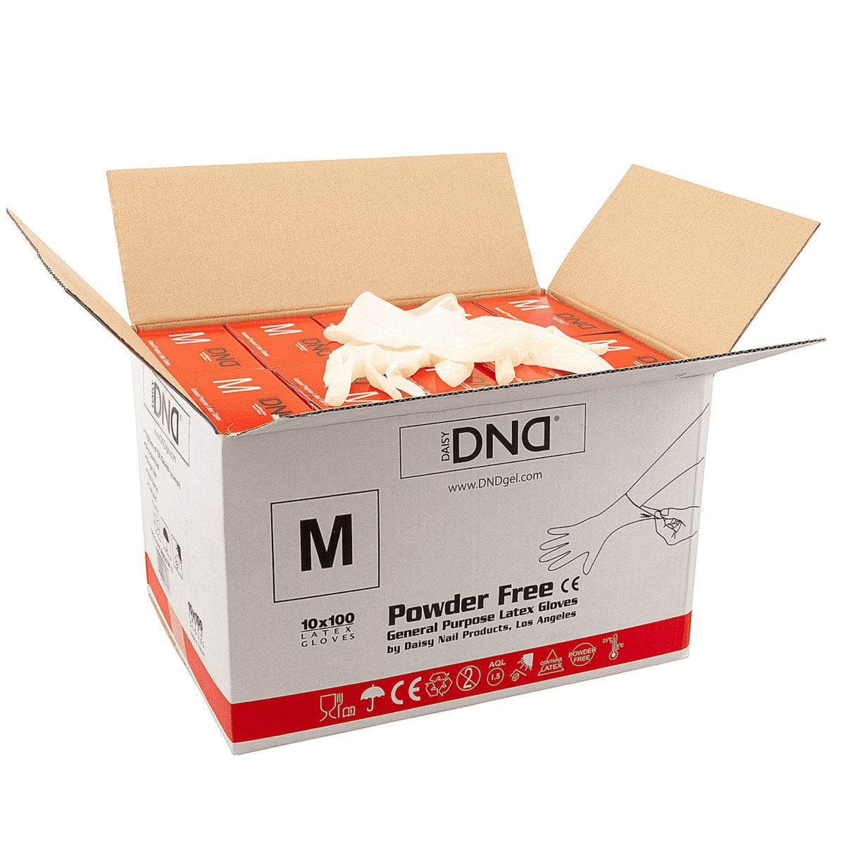 DND powder-free latex gloves, Medium M, case of 10 boxes of 100 gloves