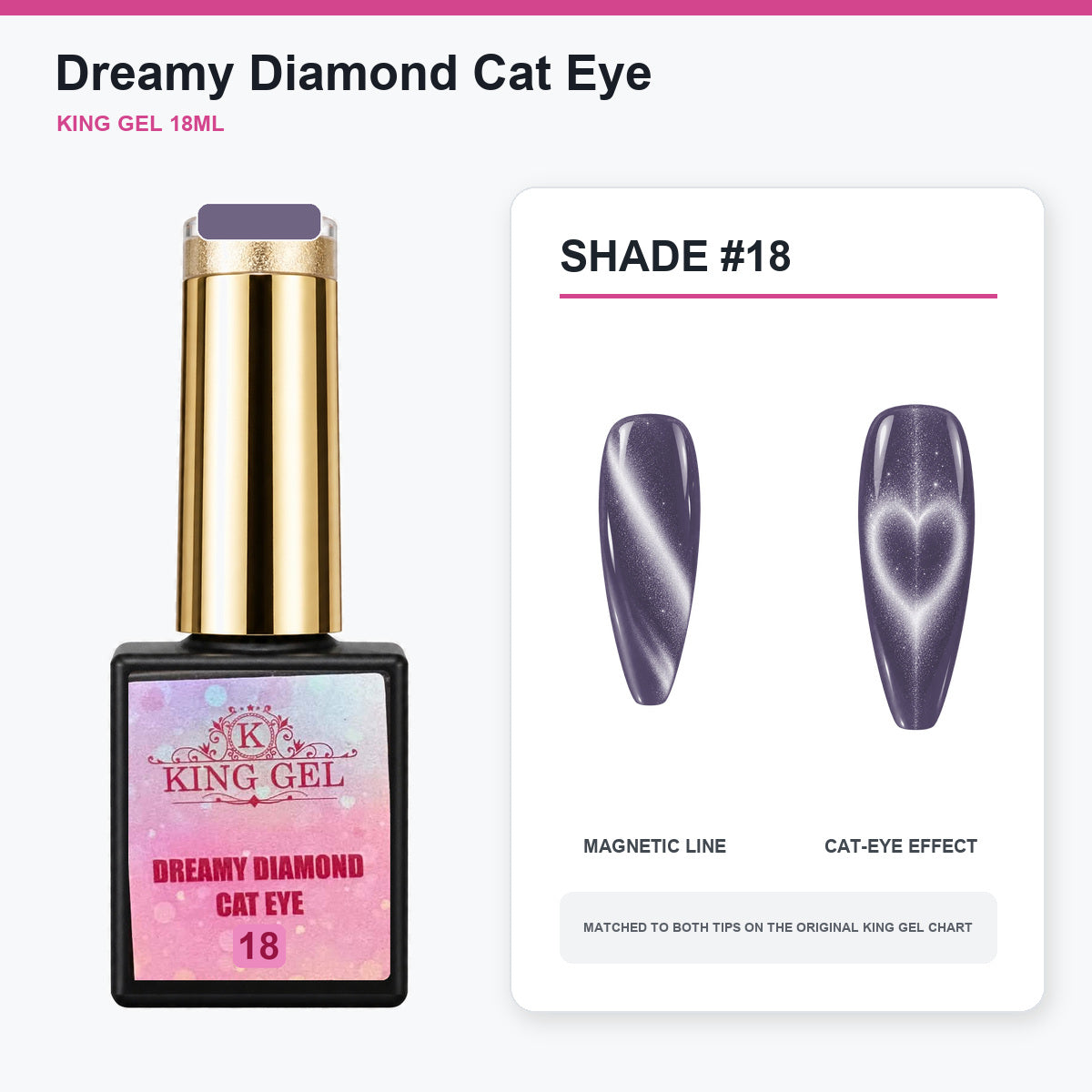 24 Colors Dreamy Diamond Cat Eye Gel Collection - KingGel Brand - Shade 18 bottle and chart-matched color - Studio V2