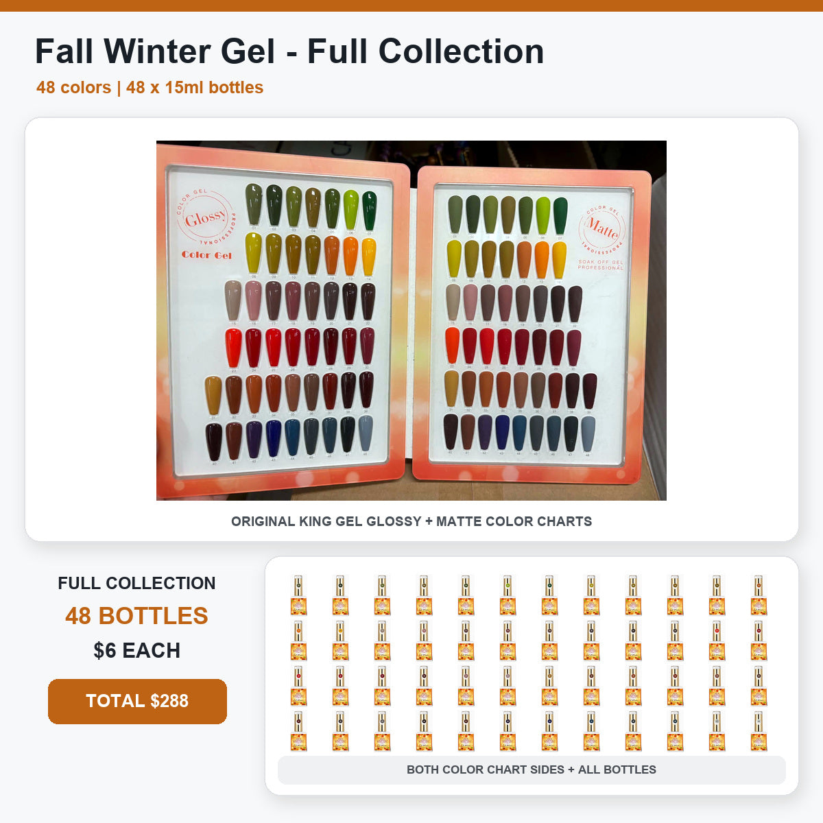 48 Colors Fall Winter Gel Collection - KingGel Brand - Full Collection glossy and matte color charts and all bottles - Studio V3