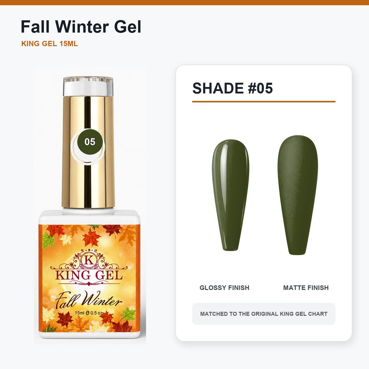48 Colors Fall Winter Gel Collection - KingGel Brand - Shade 5 bottle and chart-matched color - Studio V2