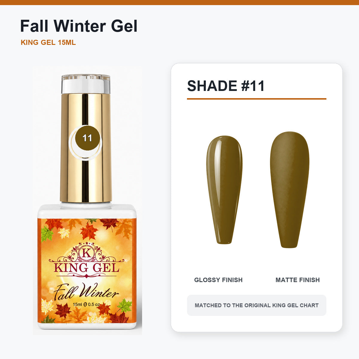 48 Colors Fall Winter Gel Collection - KingGel Brand - Shade 11 bottle and chart-matched color - Studio V2