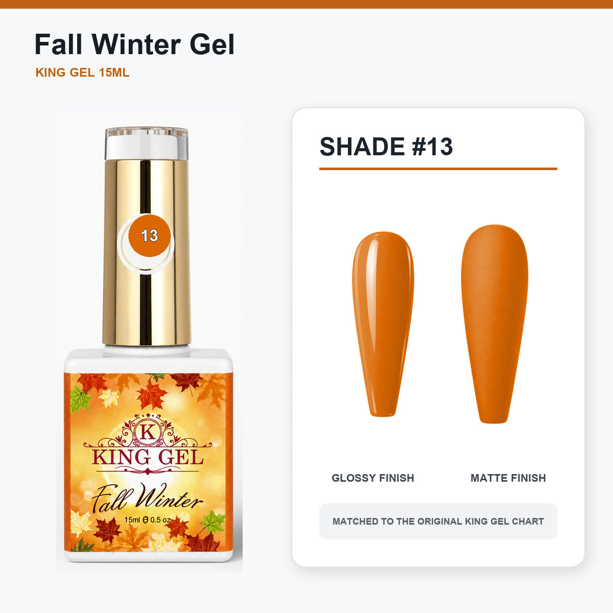 48 Colors Fall Winter Gel Collection - KingGel Brand - Shade 13 bottle and chart-matched color - Studio V2