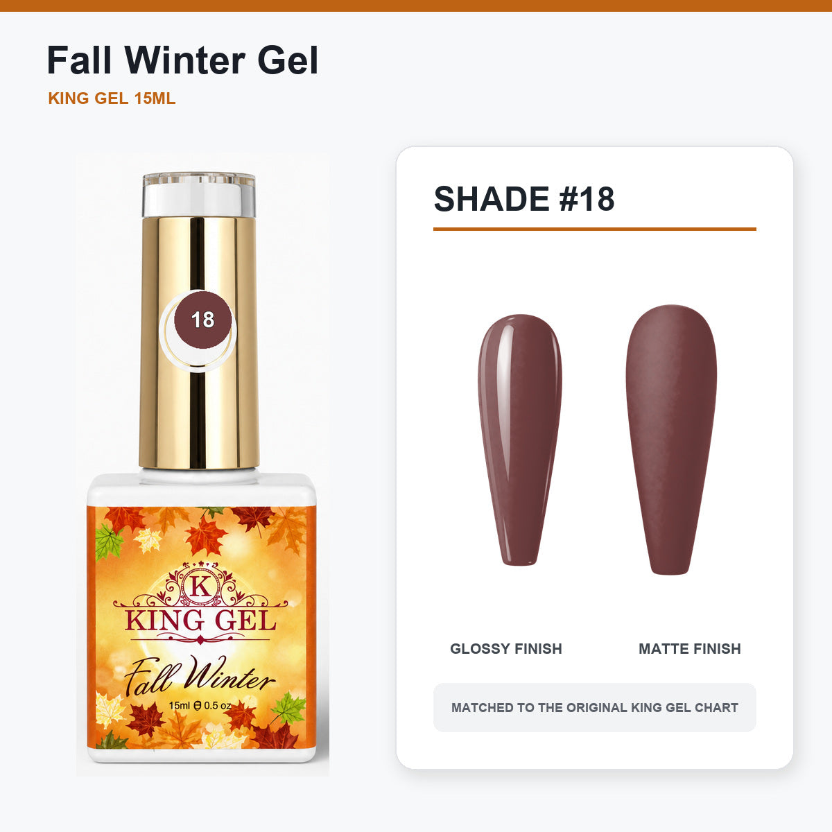 48 Colors Fall Winter Gel Collection - KingGel Brand - Shade 18 bottle and chart-matched color - Studio V2