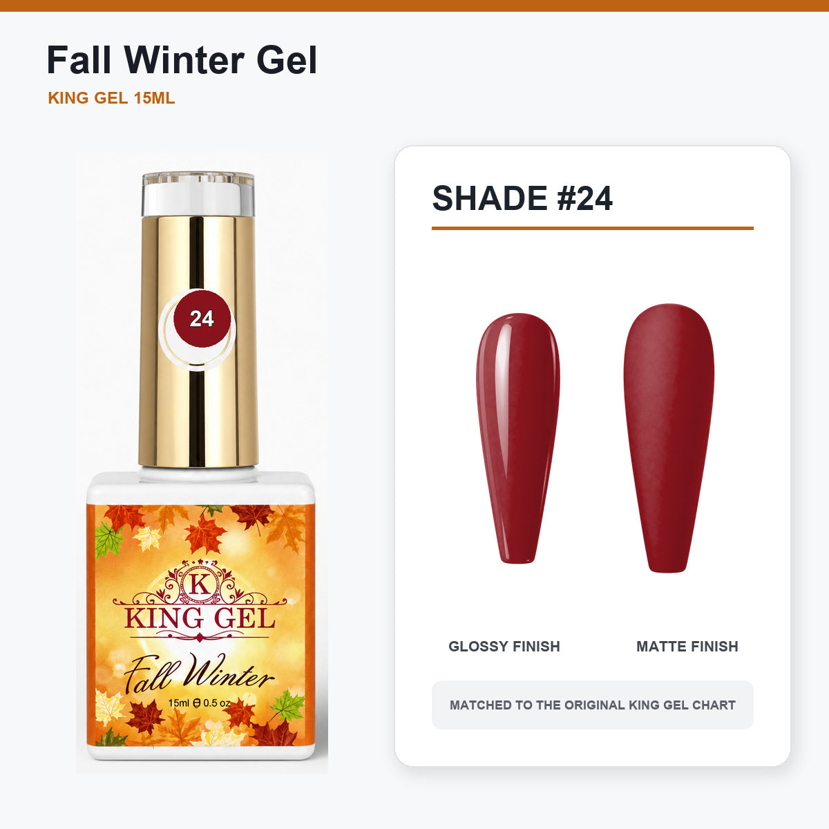 48 Colors Fall Winter Gel Collection - KingGel Brand - Shade 24 bottle and chart-matched color - Studio V2