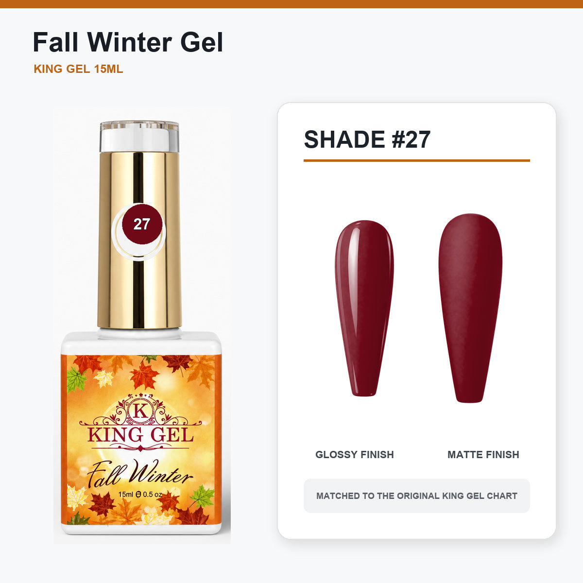 48 Colors Fall Winter Gel Collection - KingGel Brand - Shade 27 bottle and chart-matched color - Studio V2