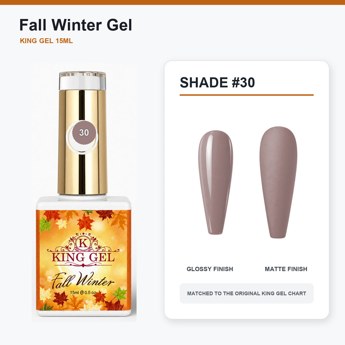 48 Colors Fall Winter Gel Collection - KingGel Brand - Shade 30 bottle and chart-matched color - Studio V2