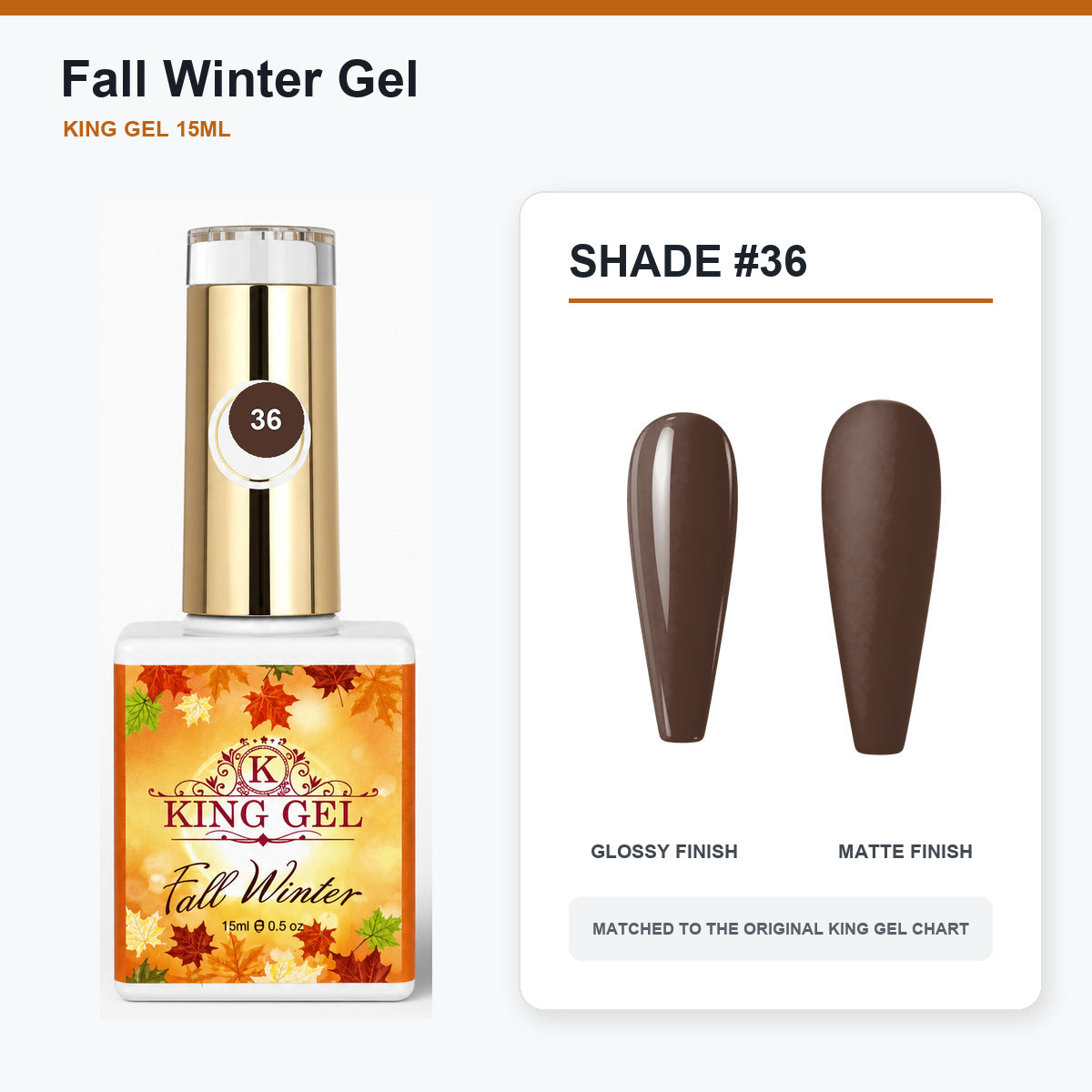 48 Colors Fall Winter Gel Collection - KingGel Brand - Shade 36 bottle and chart-matched color - Studio V2