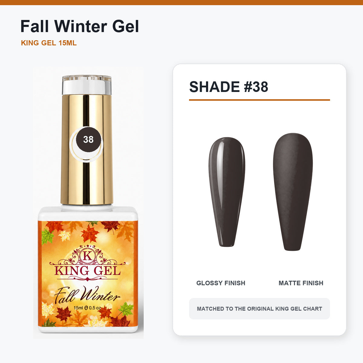 48 Colors Fall Winter Gel Collection - KingGel Brand - Shade 38 bottle and chart-matched color - Studio V2