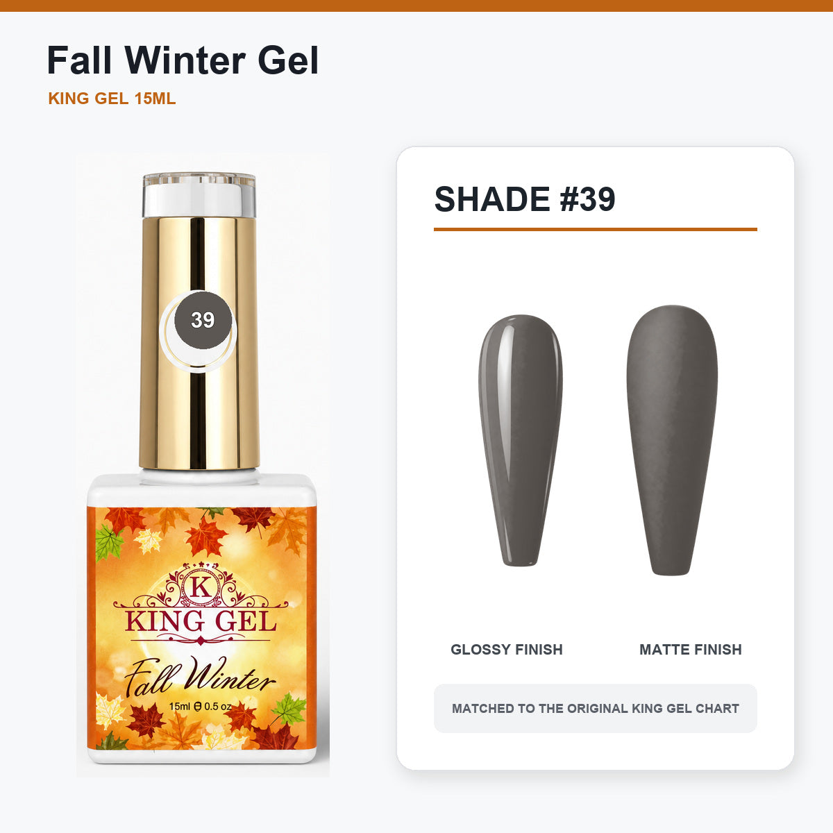 48 Colors Fall Winter Gel Collection - KingGel Brand - Shade 39 bottle and chart-matched color - Studio V2