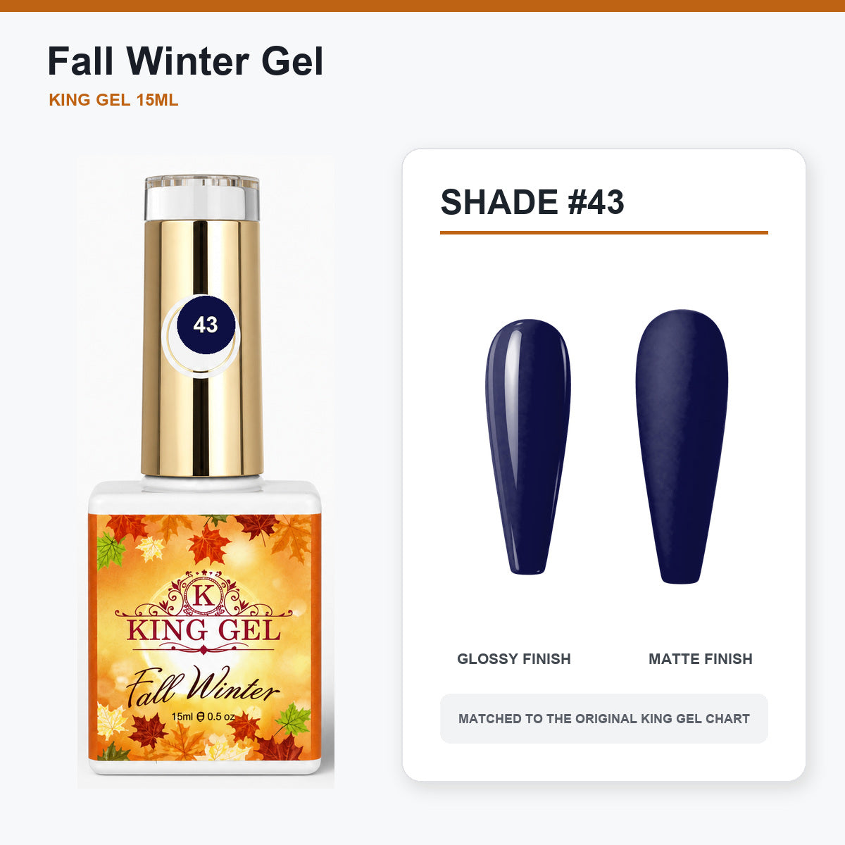 48 Colors Fall Winter Gel Collection - KingGel Brand - Shade 43 bottle and chart-matched color - Studio V2
