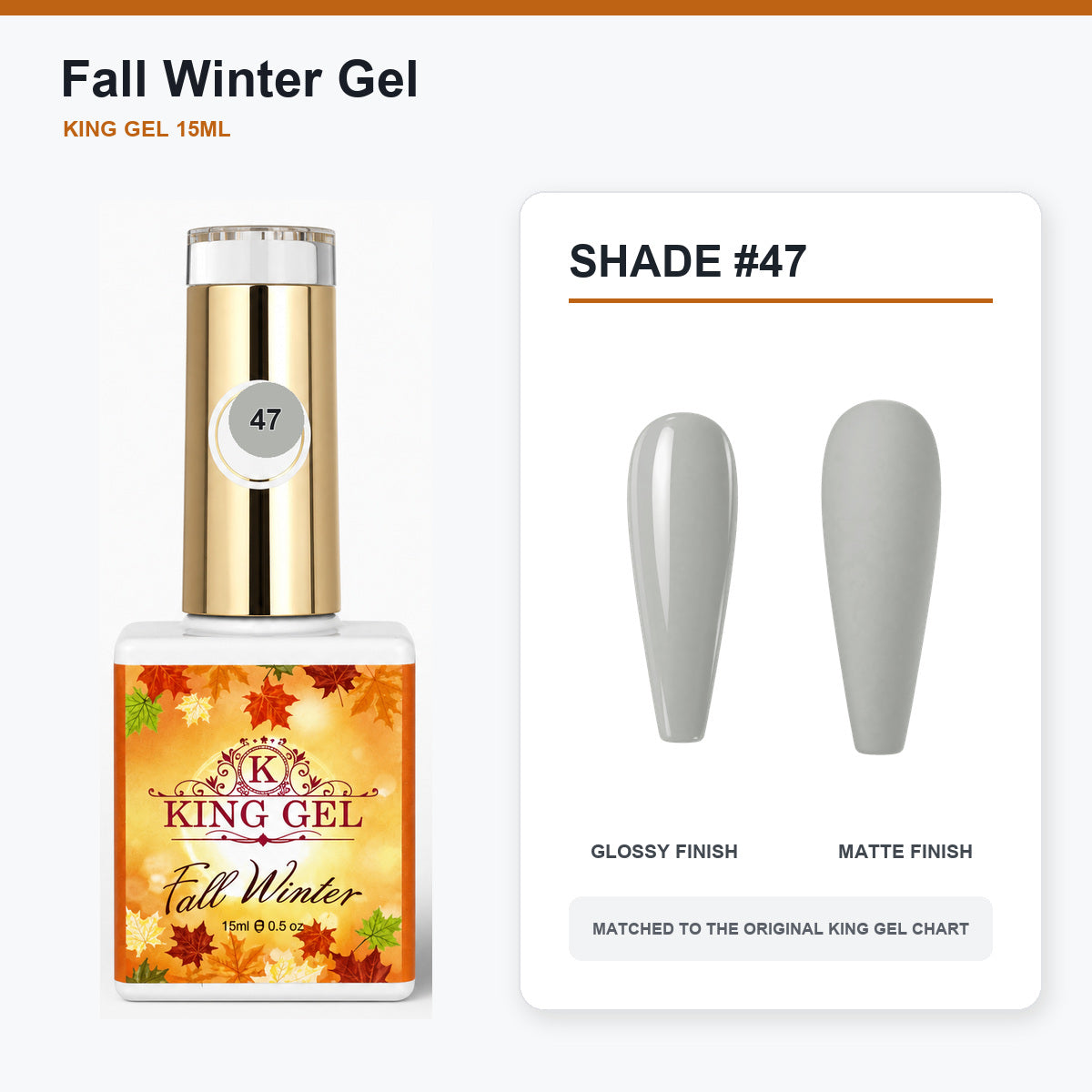 48 Colors Fall Winter Gel Collection - KingGel Brand - Shade 47 bottle and chart-matched color - Studio V2