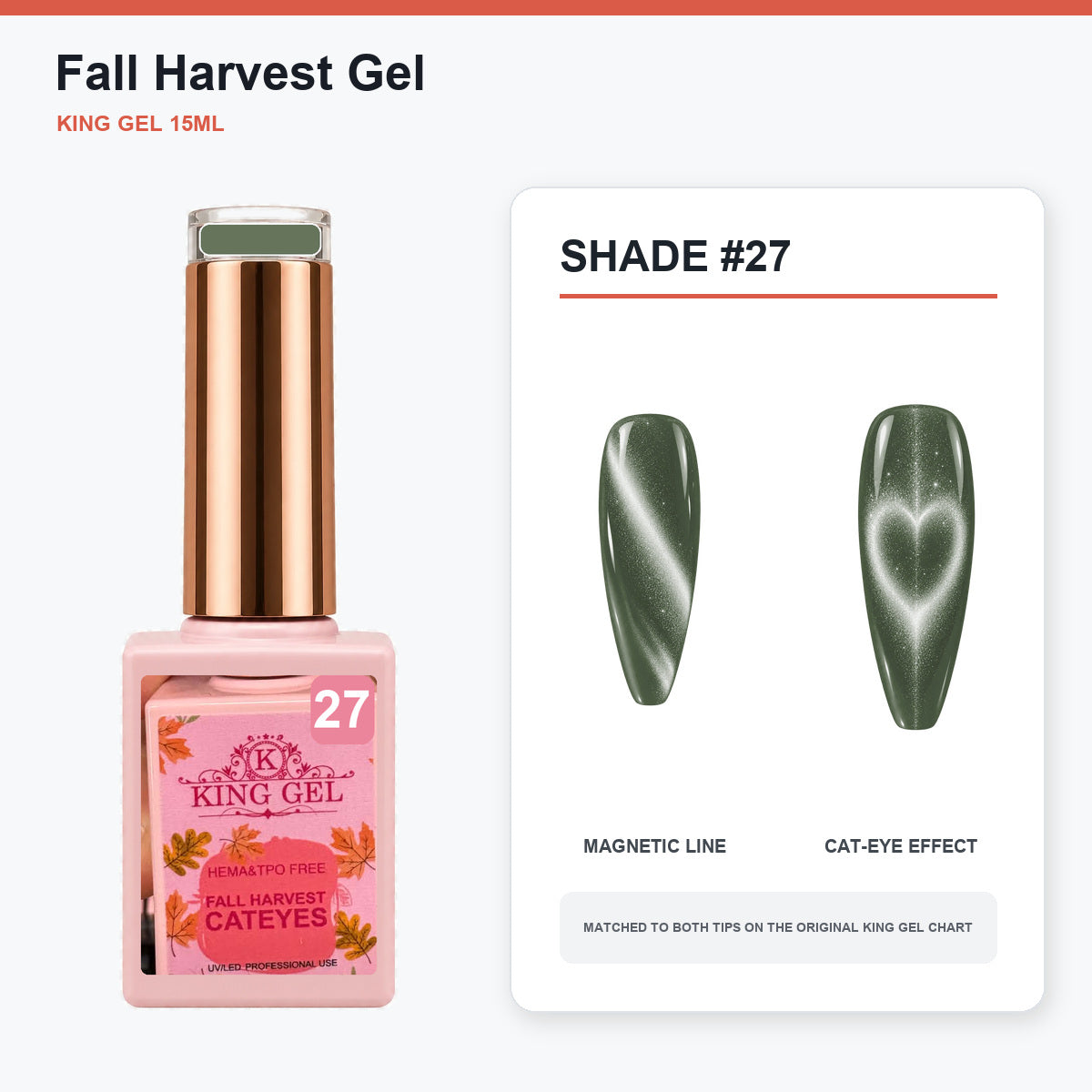 36 Colors Fall Harvest Gel Collection - KingGel Brand - Shade 27 bottle and chart-matched color - Studio V2