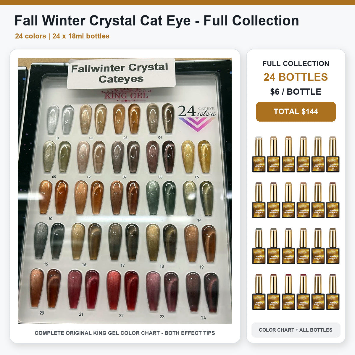 24 Colors Fall Winter Crystal Cat Eye Gel Collection - KingGel Brand - Full Collection color chart and all bottles - Studio V2