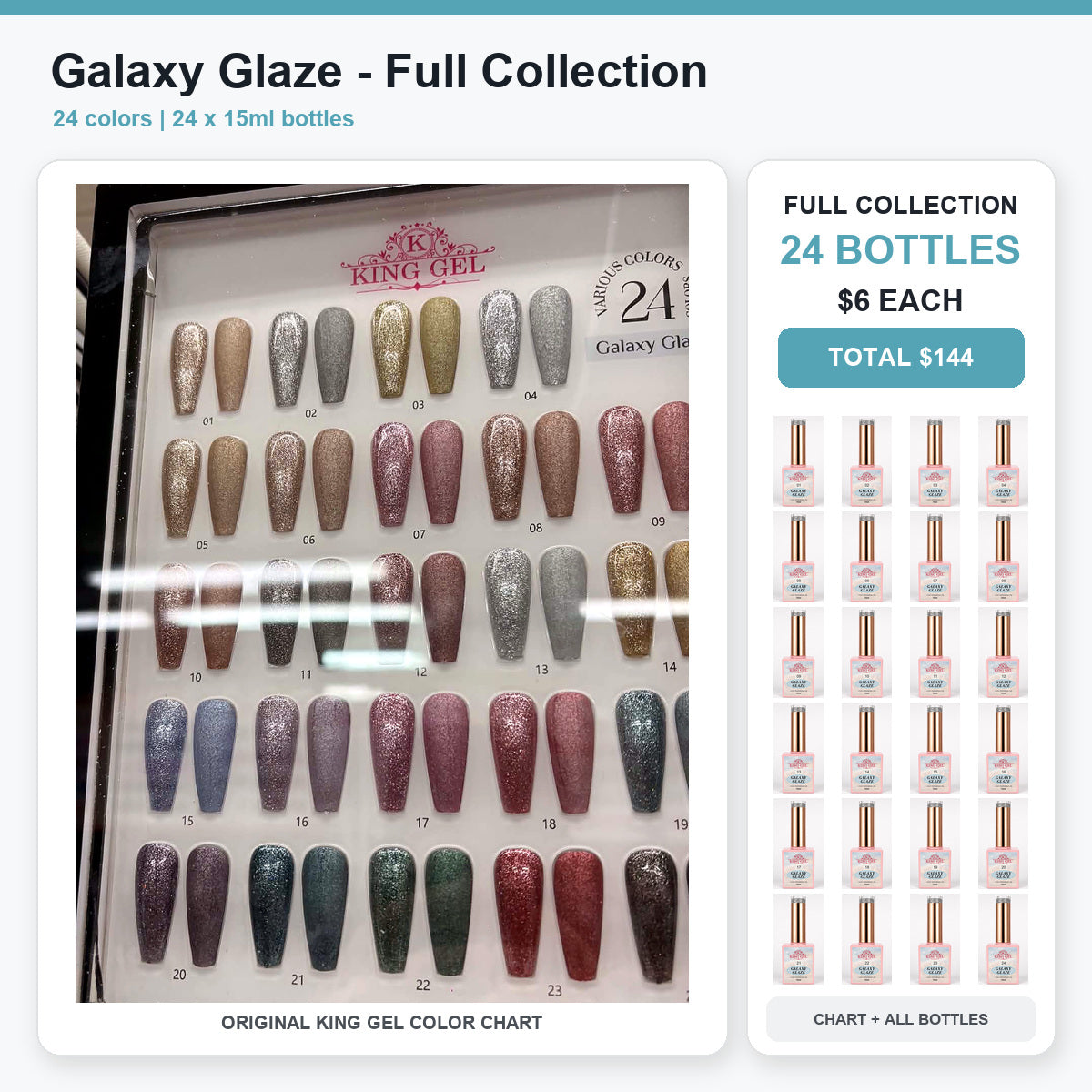 24 Colors Galaxy Glaze Collection - KingGel Brand - Full Collection color chart and all bottles - Studio V2