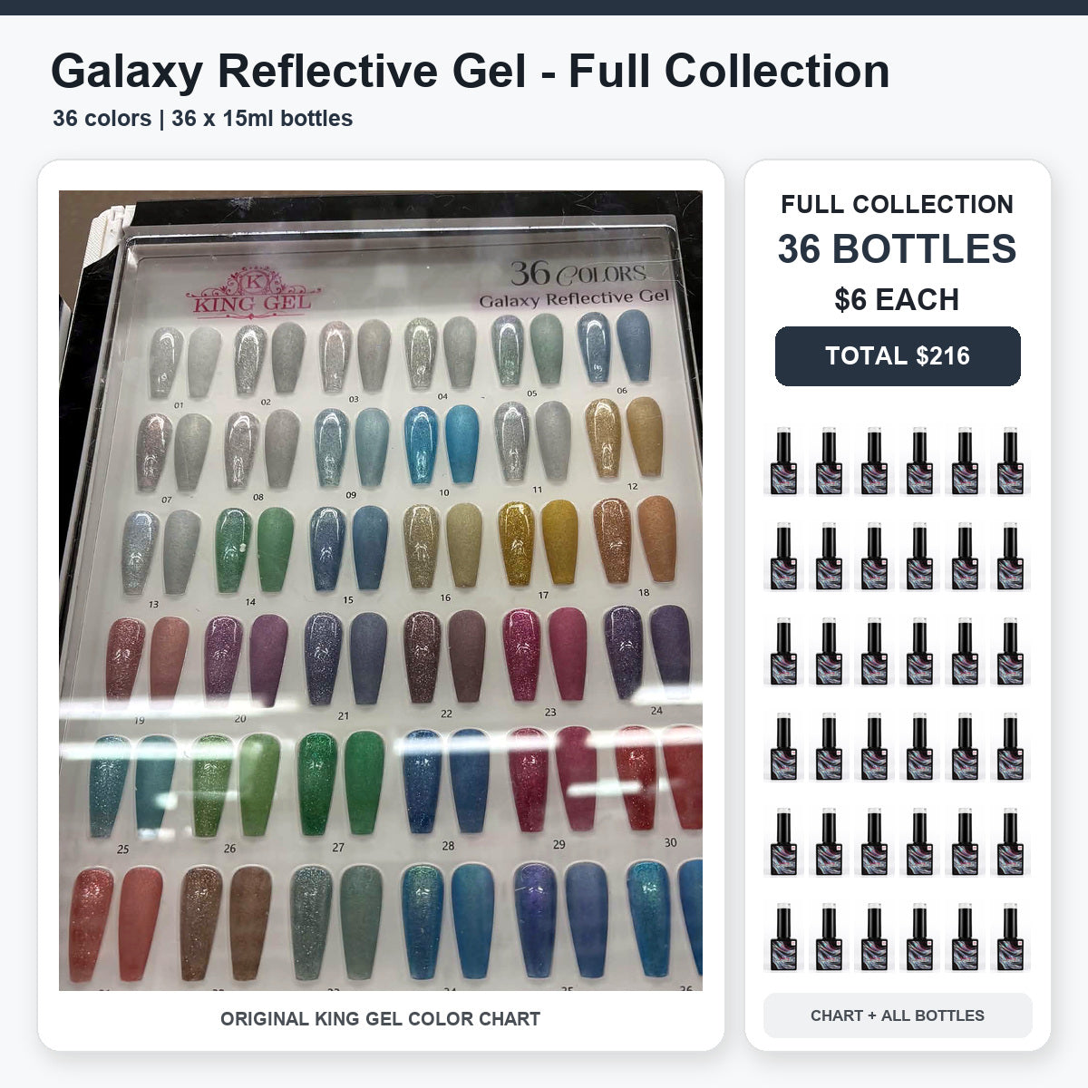 36 Colors Galaxy Reflective Gel Collection - KingGel Brand - Full Collection color chart and all bottles - Studio V2
