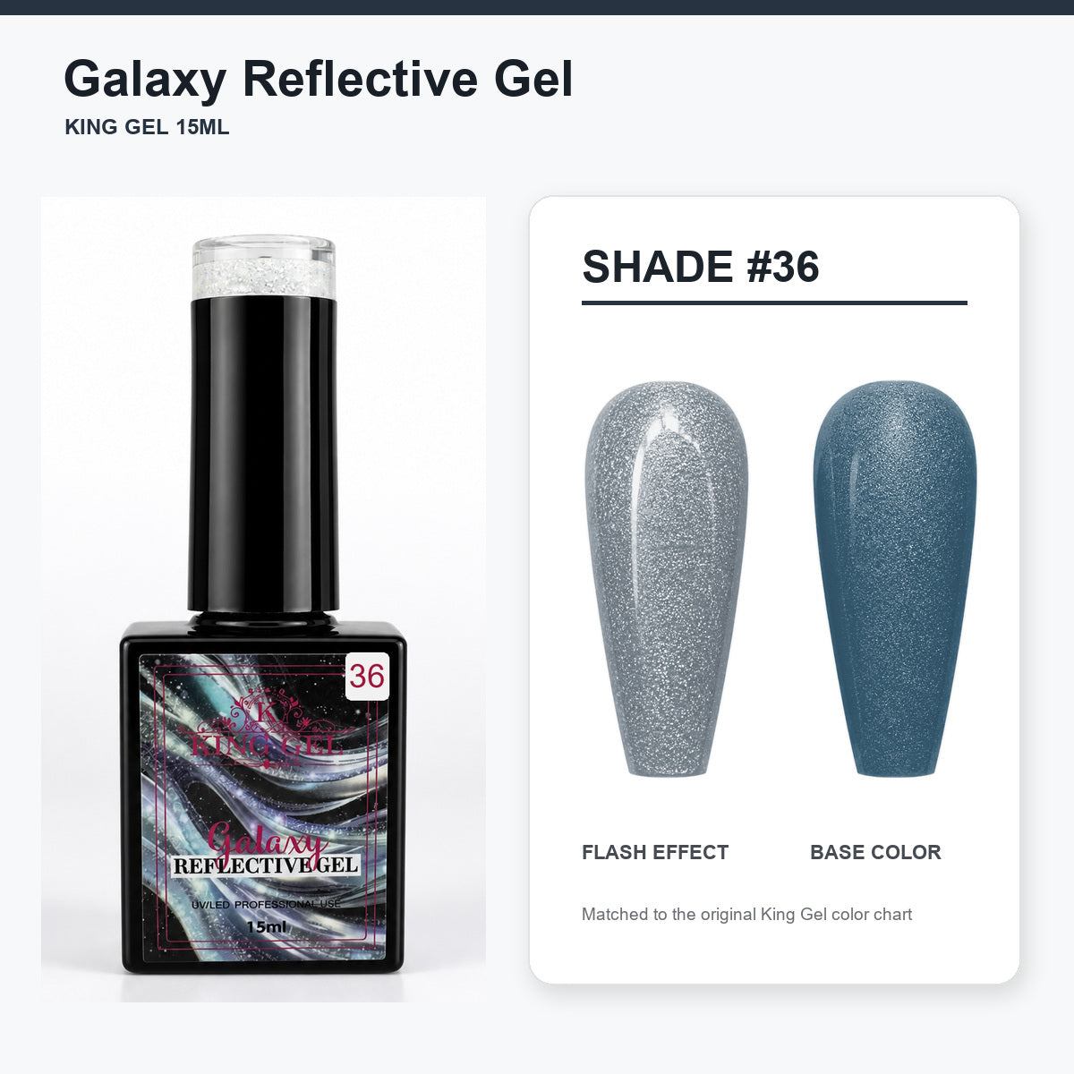 36 Colors Galaxy Reflective Gel Collection - KingGel Brand - Shade 36 bottle and chart-matched color - Studio V2