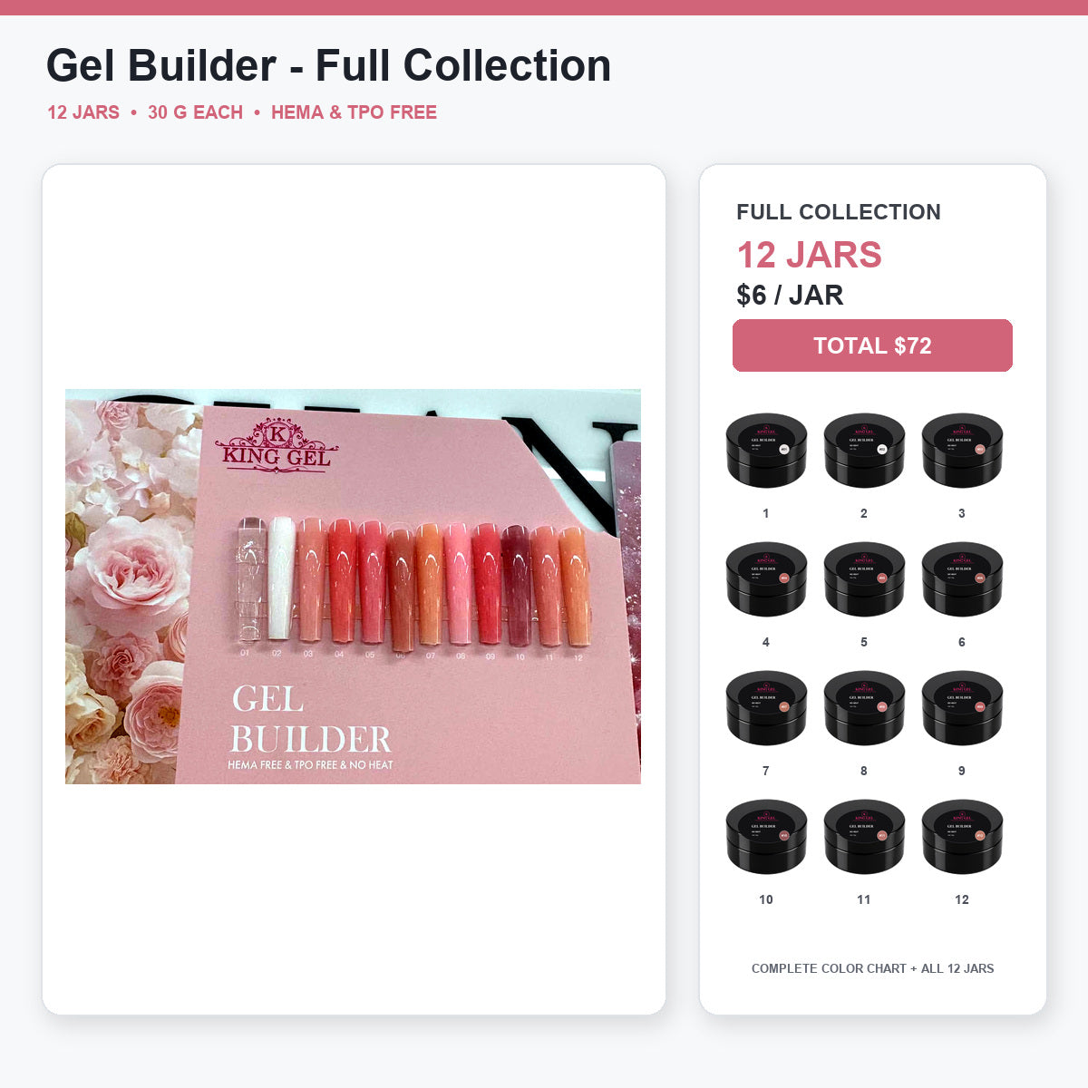 12 Colors Gel Builder Collection - KingGel Brand - Full Collection color chart and all 12 jars - Studio V2