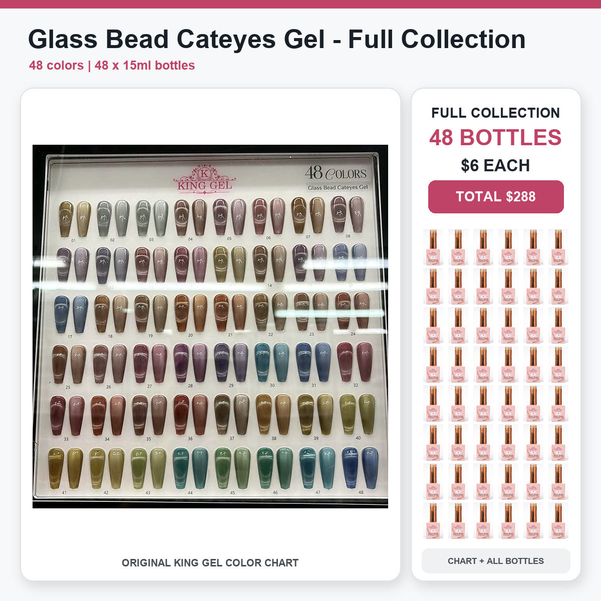 48 Colors Glass Bead Cateyes Gel Collection - KingGel Brand - Full Collection color chart and all bottles - Studio V2