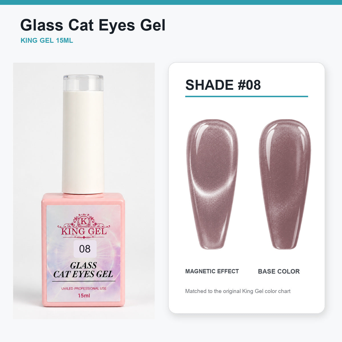 36 Colors Glass Cat Eyes Gel Collection - KingGel Brand - Shade 8 bottle and chart-matched color - Studio V2