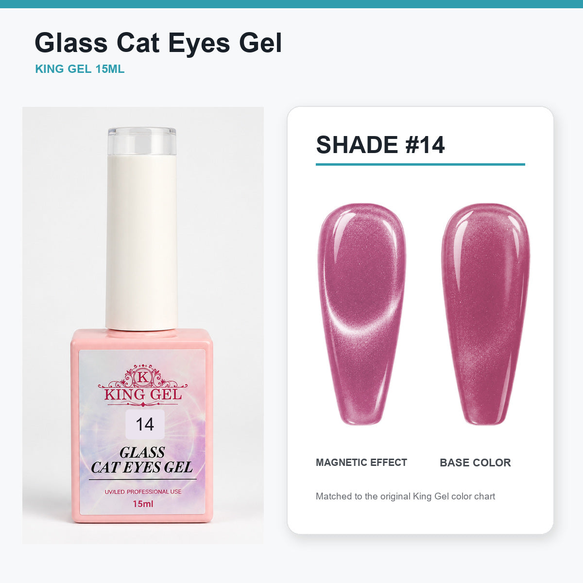 36 Colors Glass Cat Eyes Gel Collection - KingGel Brand - Shade 14 bottle and chart-matched color - Studio V2