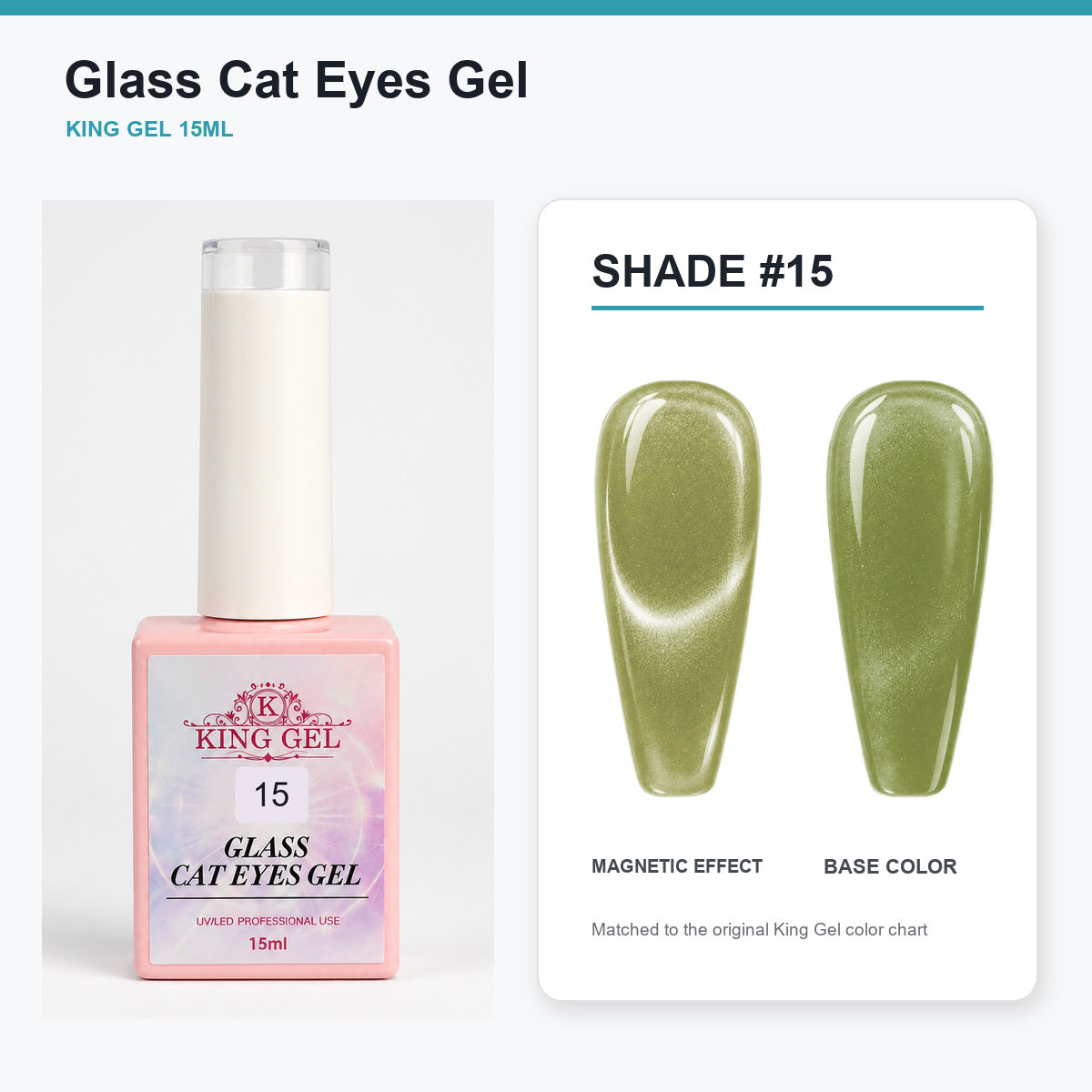36 Colors Glass Cat Eyes Gel Collection - KingGel Brand - Shade 15 bottle and chart-matched color - Studio V2