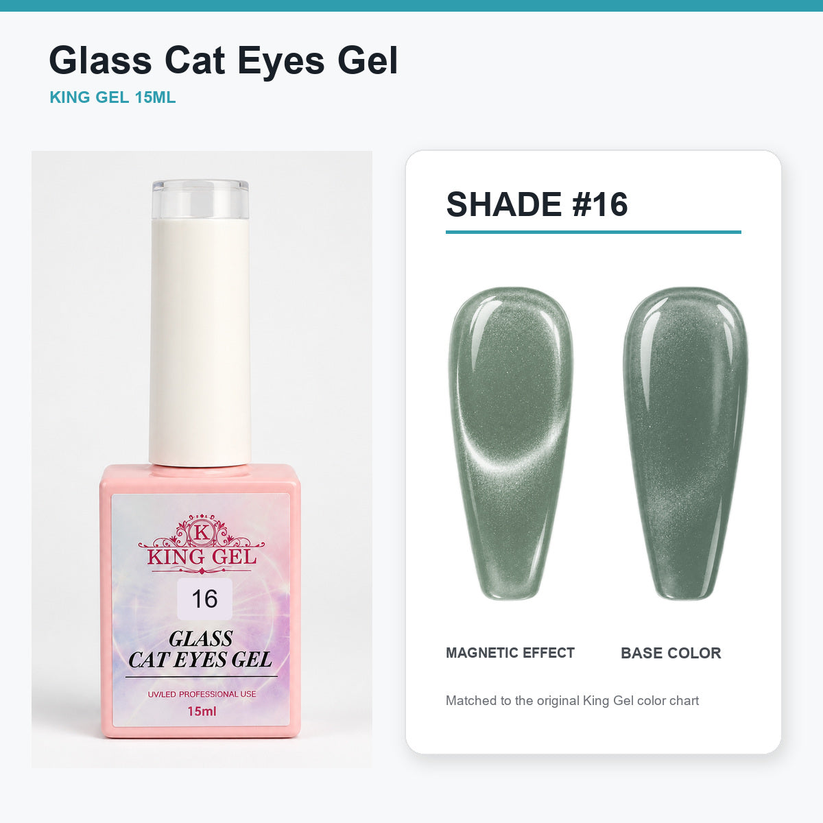 36 Colors Glass Cat Eyes Gel Collection - KingGel Brand - Shade 16 bottle and chart-matched color - Studio V2