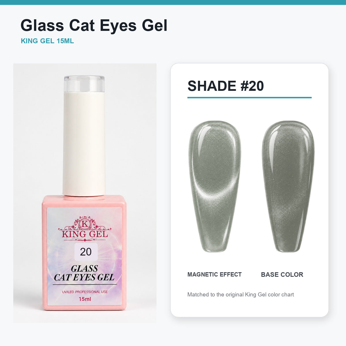 36 Colors Glass Cat Eyes Gel Collection - KingGel Brand - Shade 20 bottle and chart-matched color - Studio V2