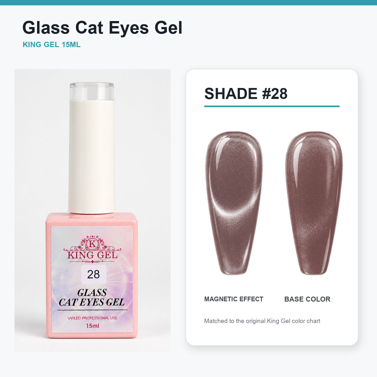 36 Colors Glass Cat Eyes Gel Collection - KingGel Brand - Shade 28 bottle and chart-matched color - Studio V2