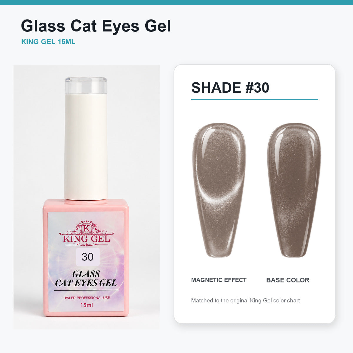 36 Colors Glass Cat Eyes Gel Collection - KingGel Brand - Shade 30 bottle and chart-matched color - Studio V2