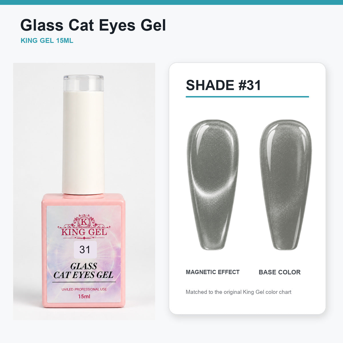 36 Colors Glass Cat Eyes Gel Collection - KingGel Brand - Shade 31 bottle and chart-matched color - Studio V2