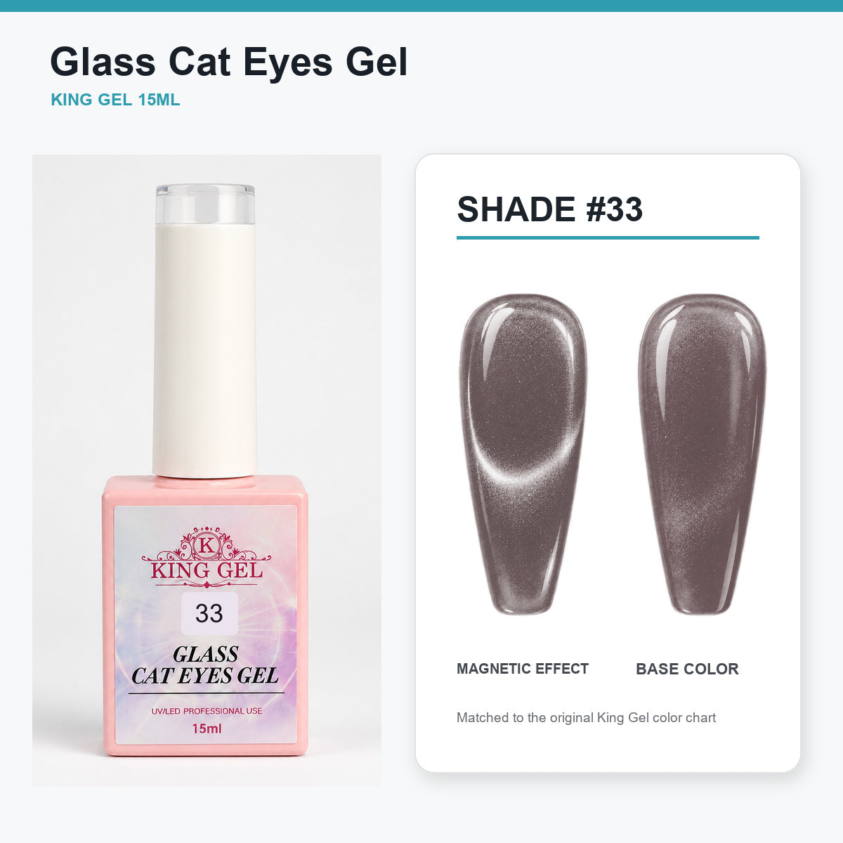 36 Colors Glass Cat Eyes Gel Collection - KingGel Brand - Shade 33 bottle and chart-matched color - Studio V2