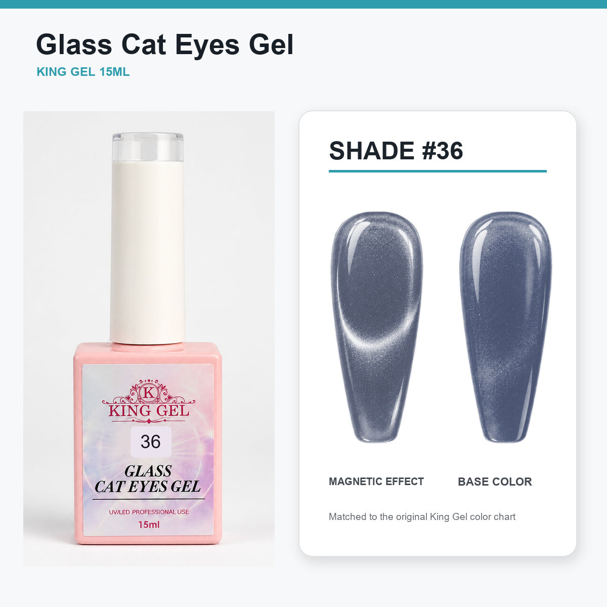 36 Colors Glass Cat Eyes Gel Collection - KingGel Brand - Shade 36 bottle and chart-matched color - Studio V2