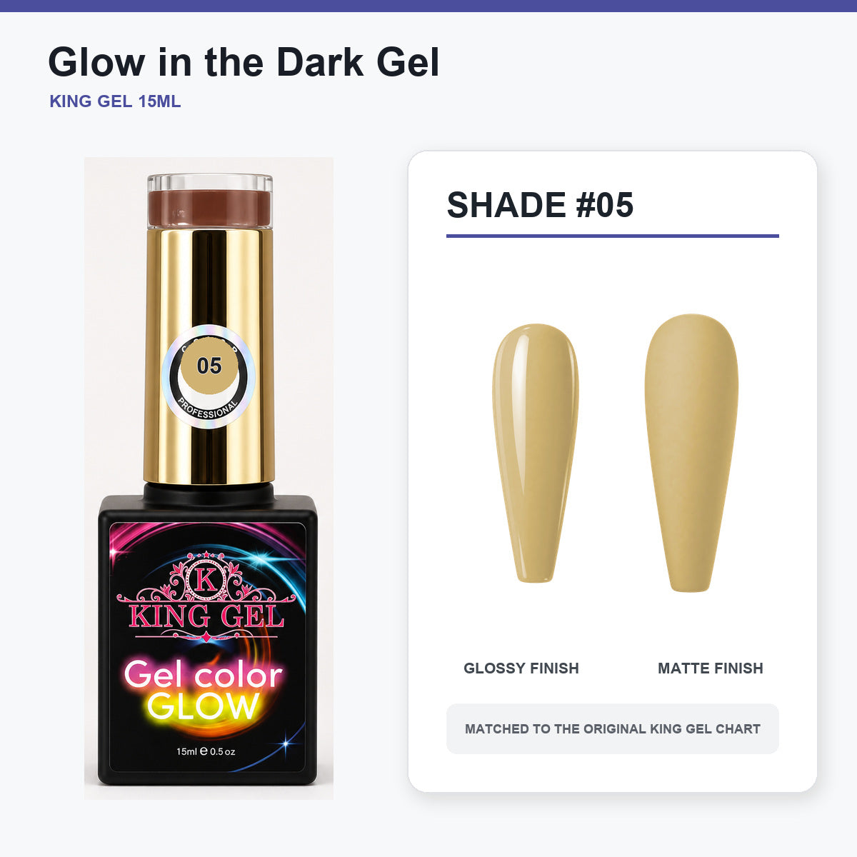 48 Colors Glow in the Dark Gel Collection - KingGel Brand - Shade 5 bottle and chart-matched color - Studio V2