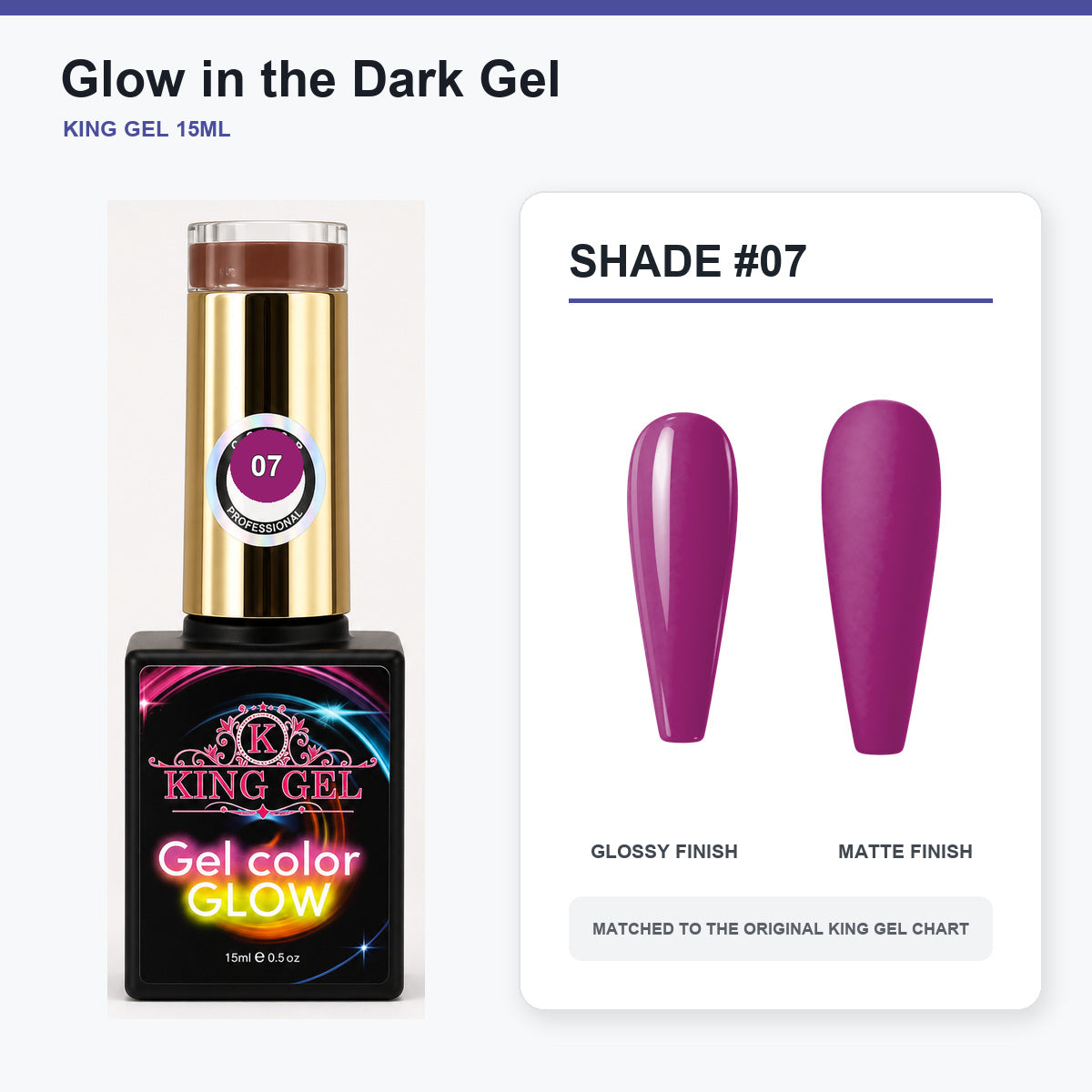 48 Colors Glow in the Dark Gel Collection - KingGel Brand - Shade 7 bottle and chart-matched color - Studio V2
