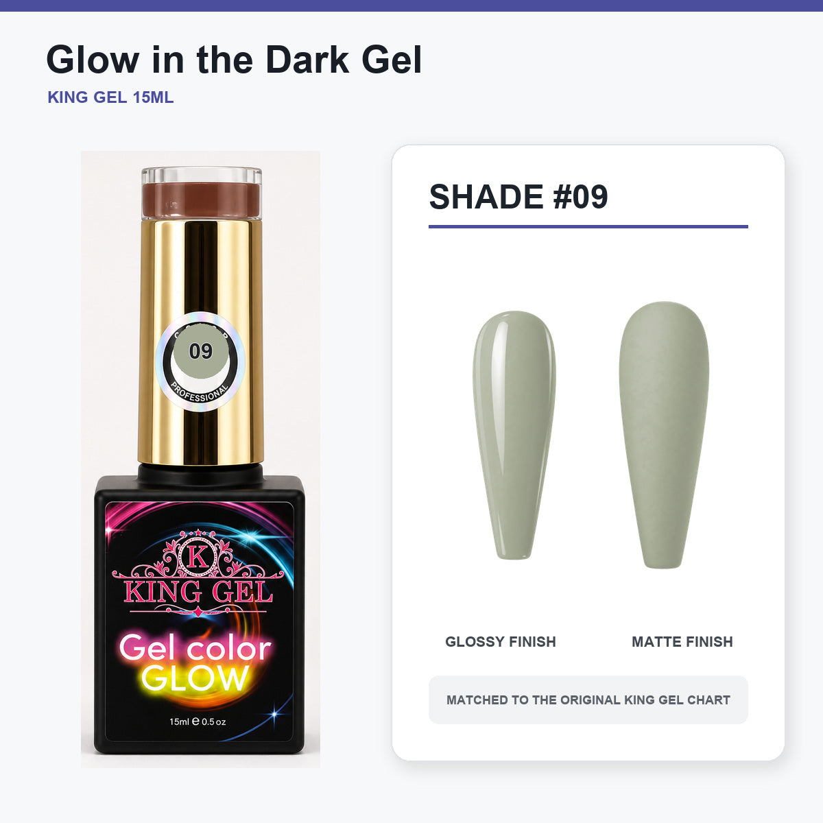 48 Colors Glow in the Dark Gel Collection - KingGel Brand - Shade 9 bottle and chart-matched color - Studio V2
