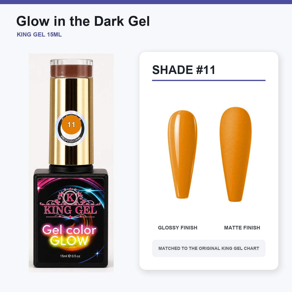 48 Colors Glow in the Dark Gel Collection - KingGel Brand - Shade 11 bottle and chart-matched color - Studio V2