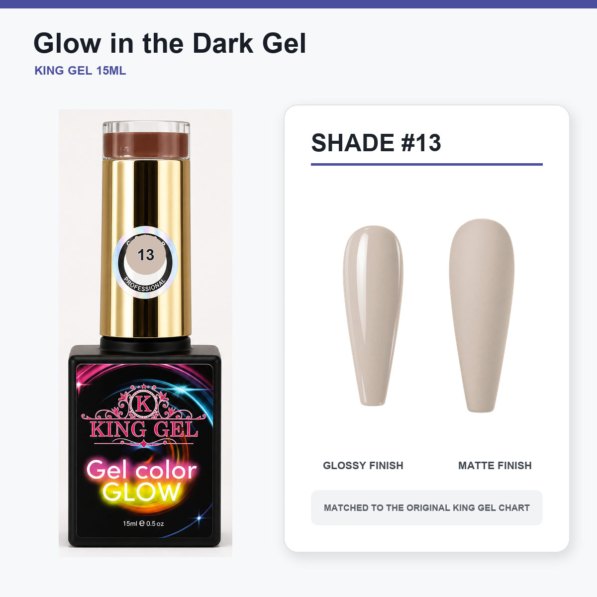 48 Colors Glow in the Dark Gel Collection - KingGel Brand - Shade 13 bottle and chart-matched color - Studio V2