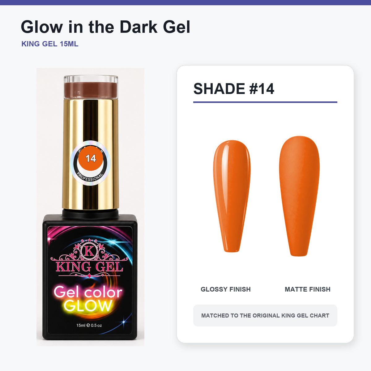 48 Colors Glow in the Dark Gel Collection - KingGel Brand - Shade 14 bottle and chart-matched color - Studio V2