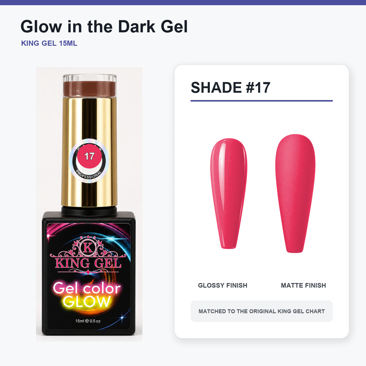 48 Colors Glow in the Dark Gel Collection - KingGel Brand - Shade 17 bottle and chart-matched color - Studio V2