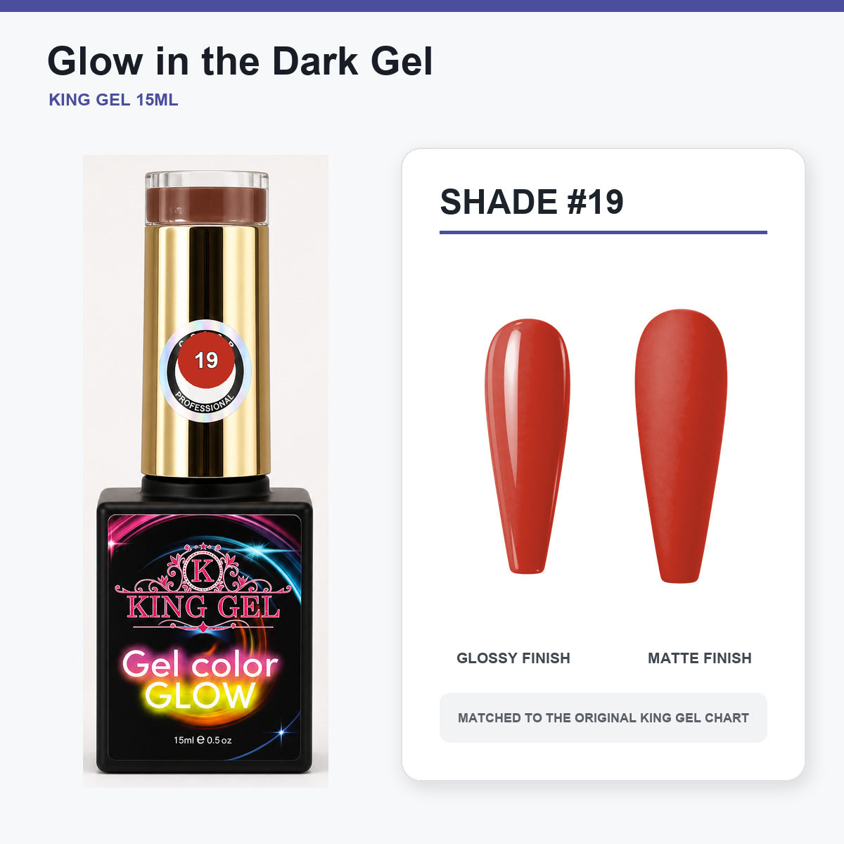 48 Colors Glow in the Dark Gel Collection - KingGel Brand - Shade 19 bottle and chart-matched color - Studio V2