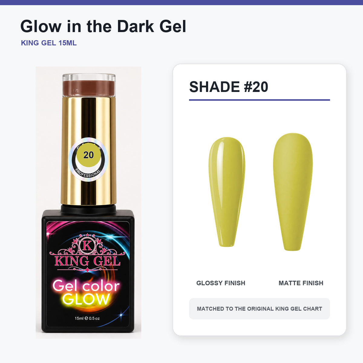 48 Colors Glow in the Dark Gel Collection - KingGel Brand - Shade 20 bottle and chart-matched color - Studio V2